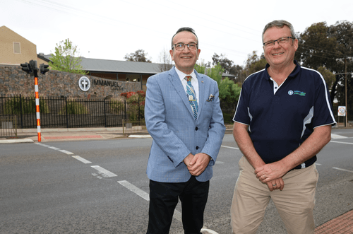 Tony Piccolo MP and Immanuel Lutheran School Principal Daryl Trigg at the site of the new pedestrian crossing.