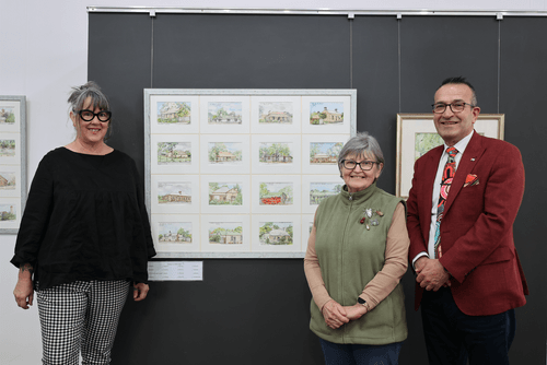 At the Kapunda Community Gallery Exhibition are (from left) Penelope Dodd (Gallery Chairperson), artist Maxine Donald and Tony Piccolo MP.