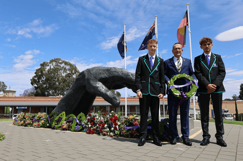 Tony Piccolo with Year 11 students (from left) Nicholas Wellborn and Jaylen Welch