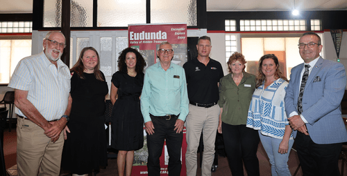 Tony Piccolo undertaking his Labor Duty Member role at the recent Eudunda Community Business and Tourism Committee breakfast held on Friday last week. With Mr Piccolo are (from left) Cr John Neal (Goyder Regional Council), Skye Harwood (Chair), Alicia Callary (RDA Yorke and Mid North), Mel Zerner (Deputy Chair), Luke Temme (Office for Small & Family Business), Cr Judy Partington (Goyder Regional Council) , Goyder Regional Council ,Deputy Mayor Debbie Hibbert.