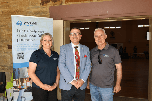 Lisa Brock (Employment Facilitator – Workforce Australia), Tony Piccolo MP (Duty Member for Frome), Alan Zubrinich (Workforce and Industry Coordinator – RDA Yorke & Mid North) at the Essentials Day event in Clare.