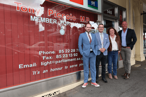 Solicitor Stephen Chenoweth, Tony Piccolo MP, Patsy Kellett and lawyer Matthew Huxter.