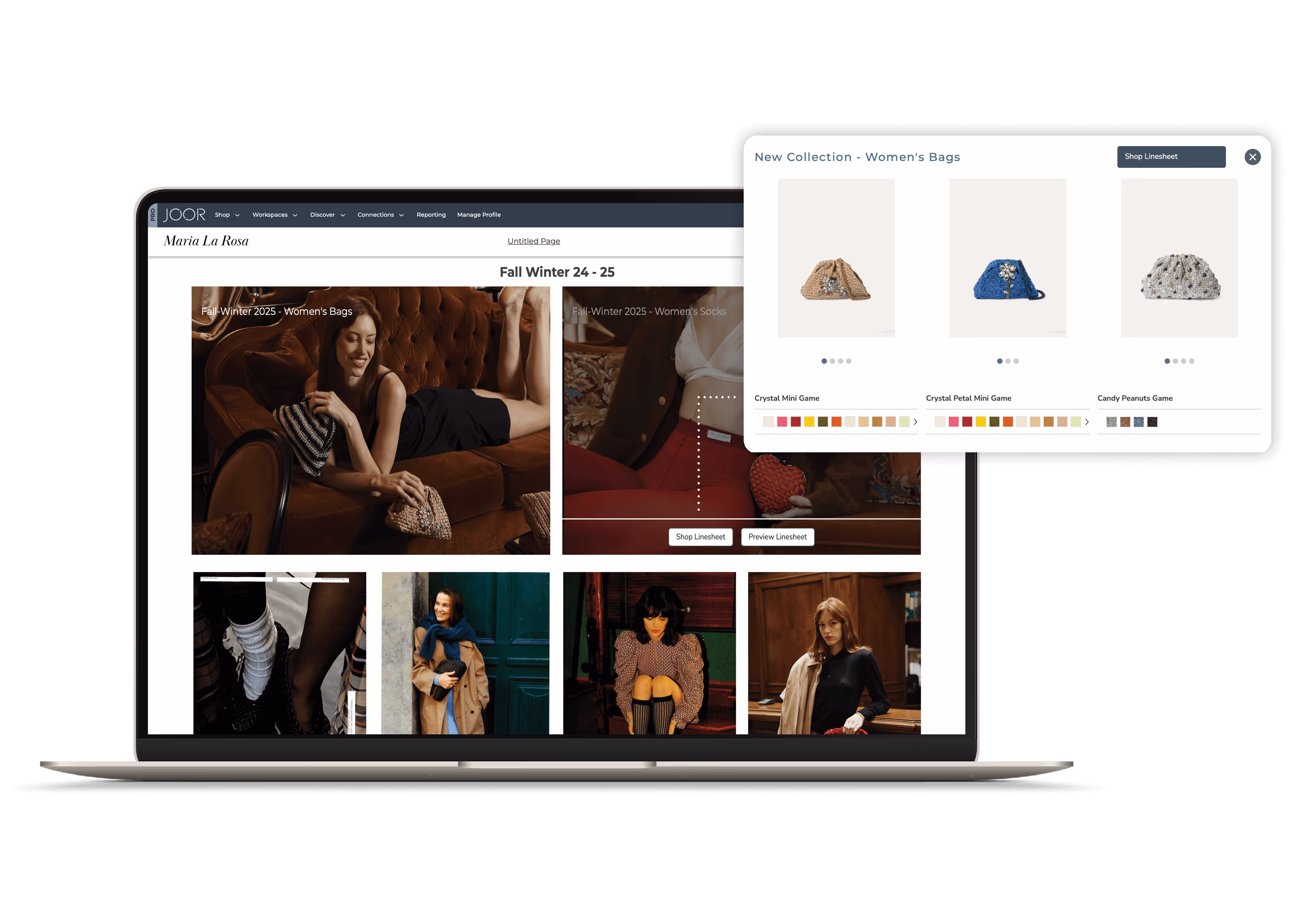 A laptop displays Maria La Rosa's Fall 24-25 collections on their in-platform brand profile, and a pop-up of their new bags.