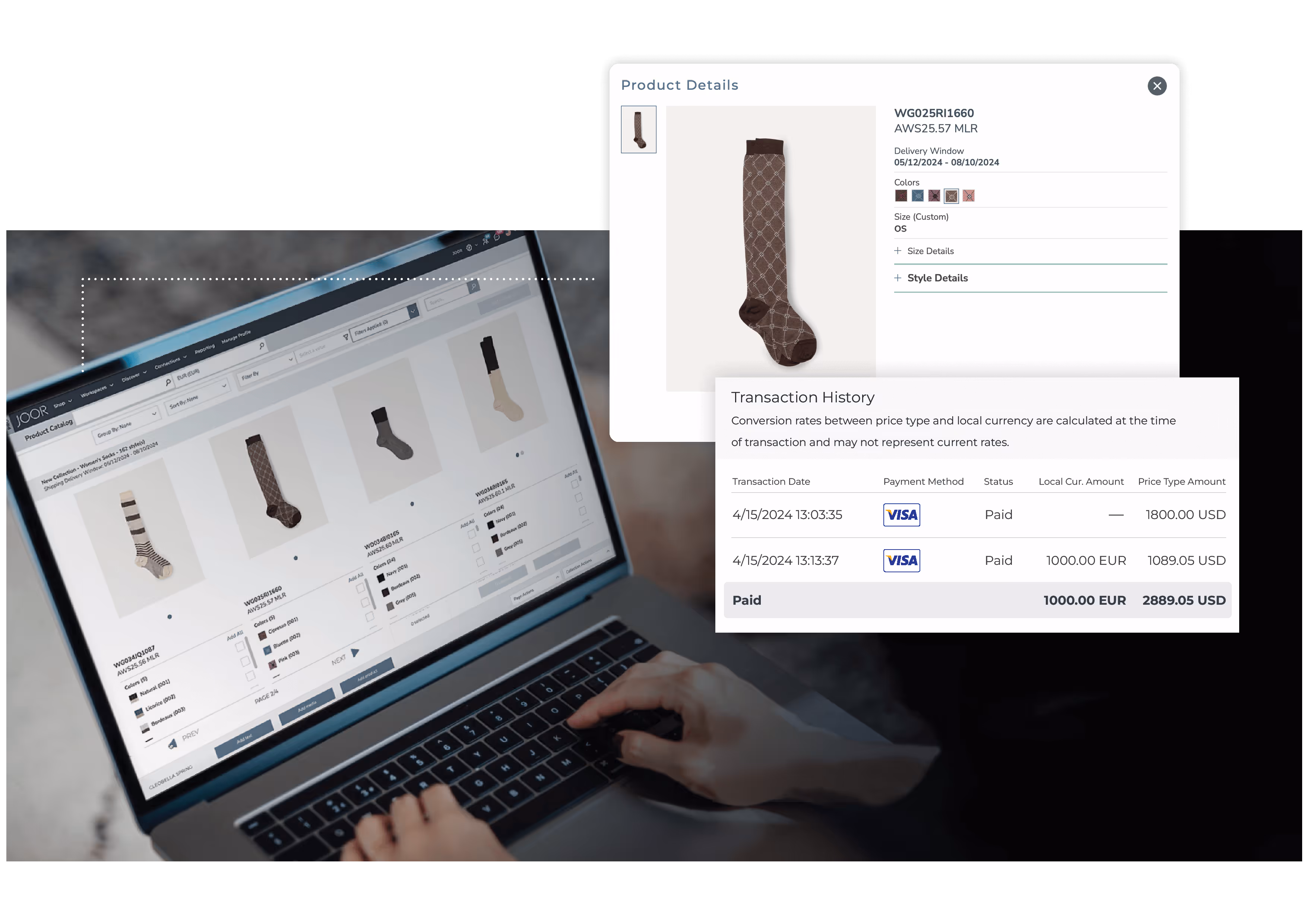 A laptop displaying a product catalog of socks on the JOOR platform and a couple of pop-up windows showing product details and the transaction history.