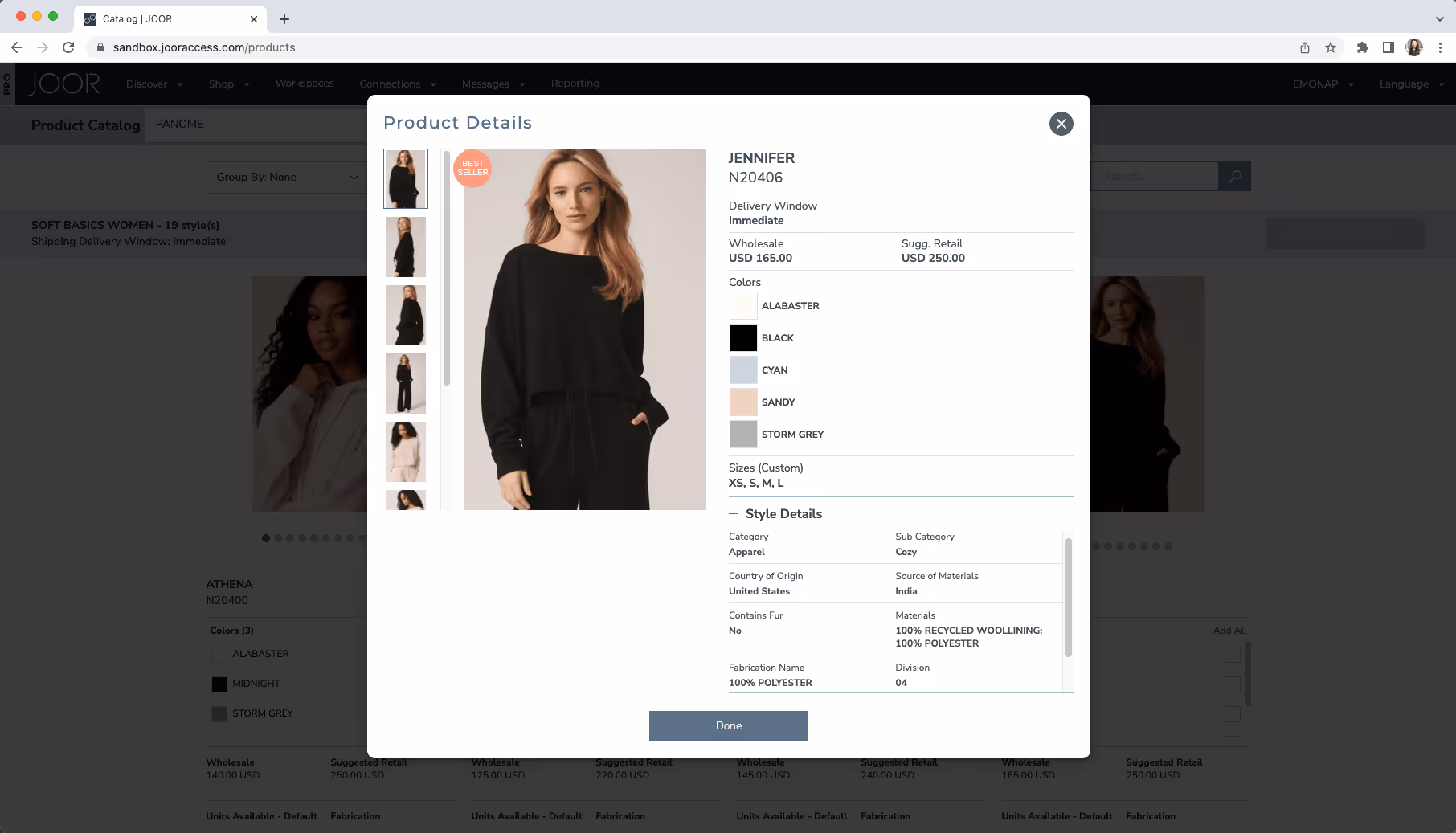 Example product detail within a digital line sheet