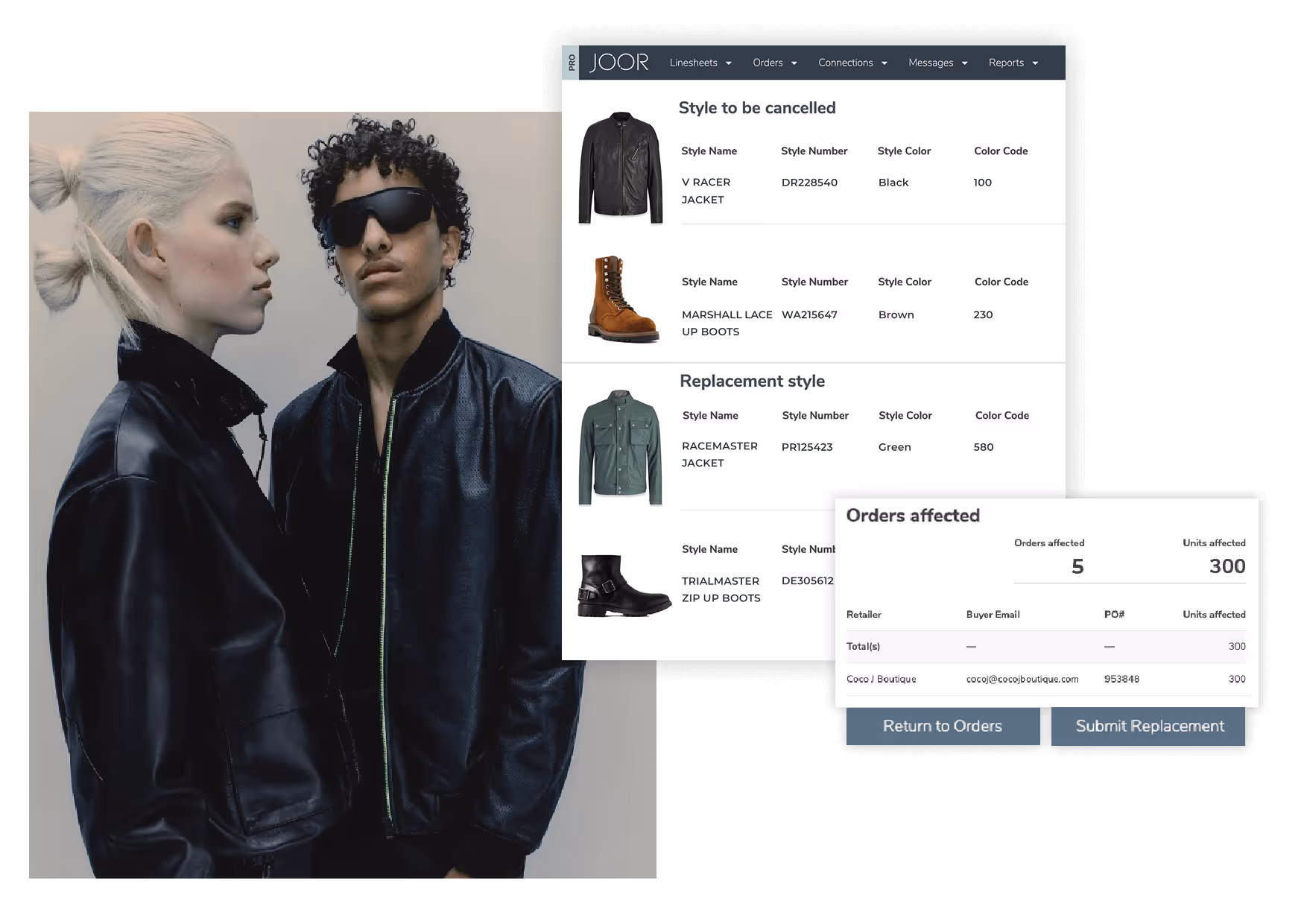JOOR's platform screen showing a dashboard for managing orders and styles, with a striking photo of two models in dark jackets on the left.