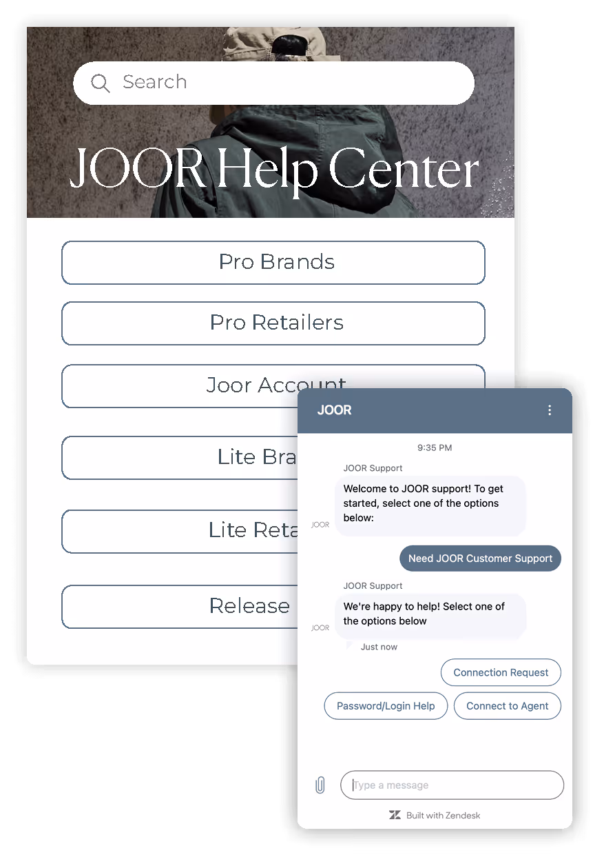 An overlay of the JOOR Help Center's user interface and JOOR's customer support chatbot window.