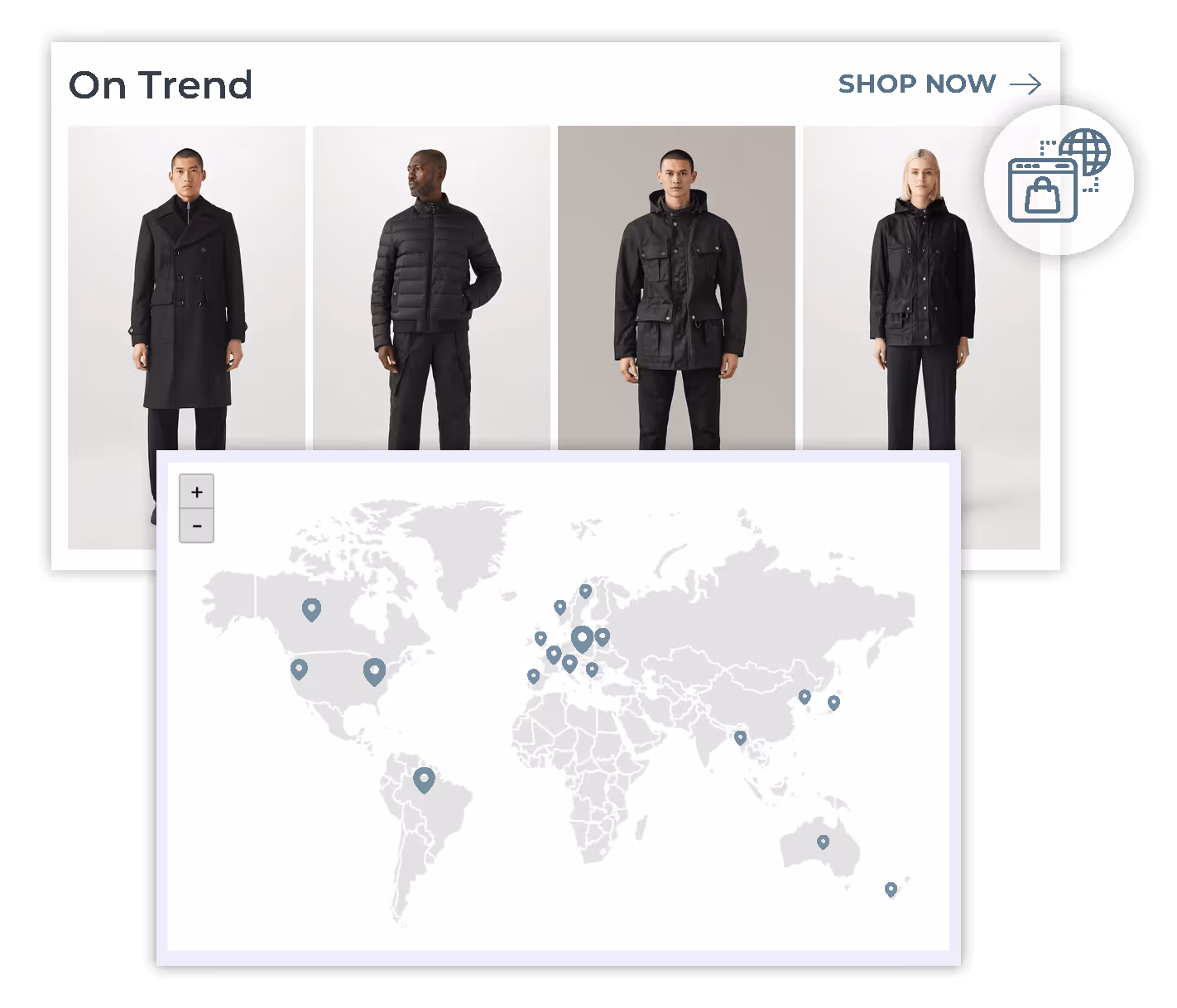 A product display page showing Belstaff models in black outerwear above a map of the world with location pins.