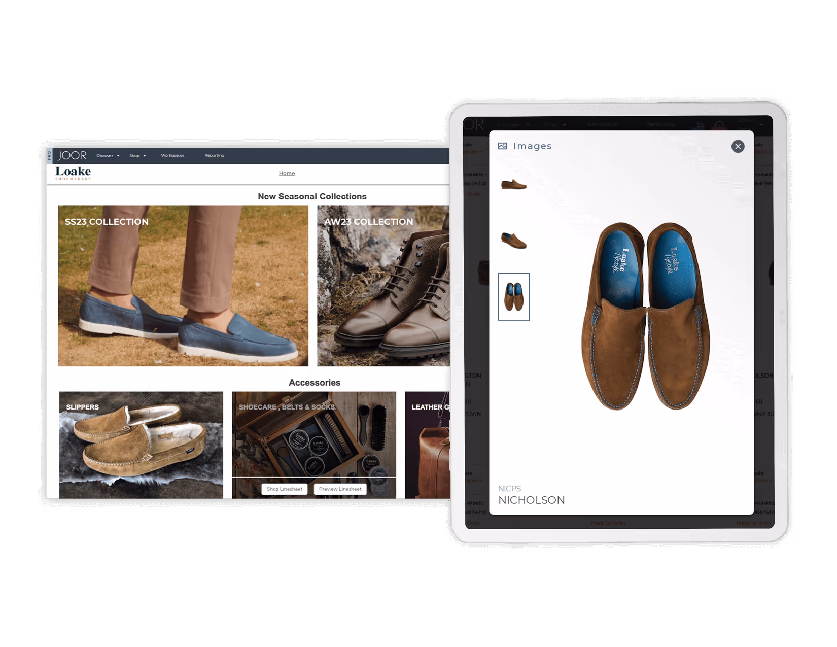 An overlay display of Loake's seasonal collection and a close-up look at Loake's Brown Nicholson shoe.