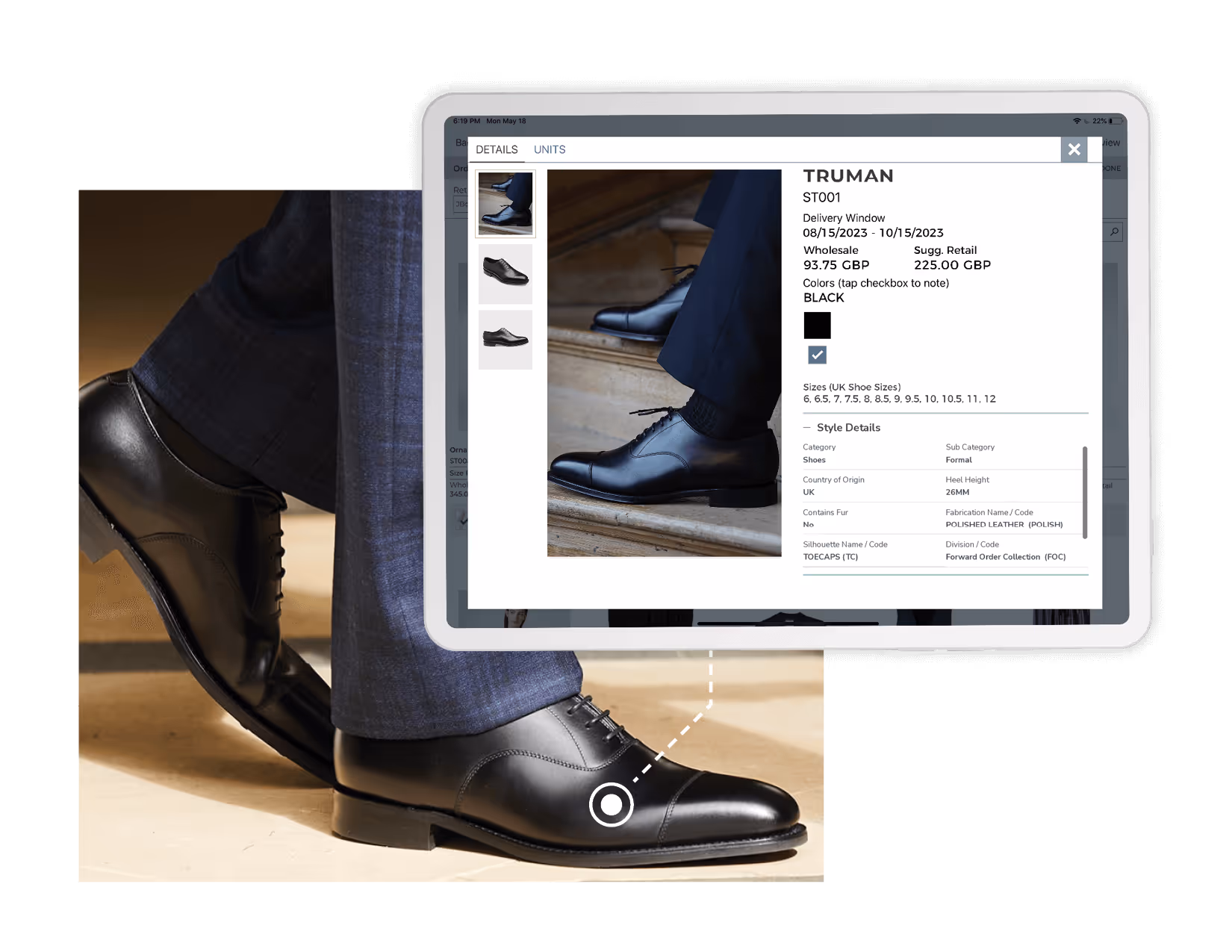 A close-up image of the Loake's Truman shoe alongside the product details.