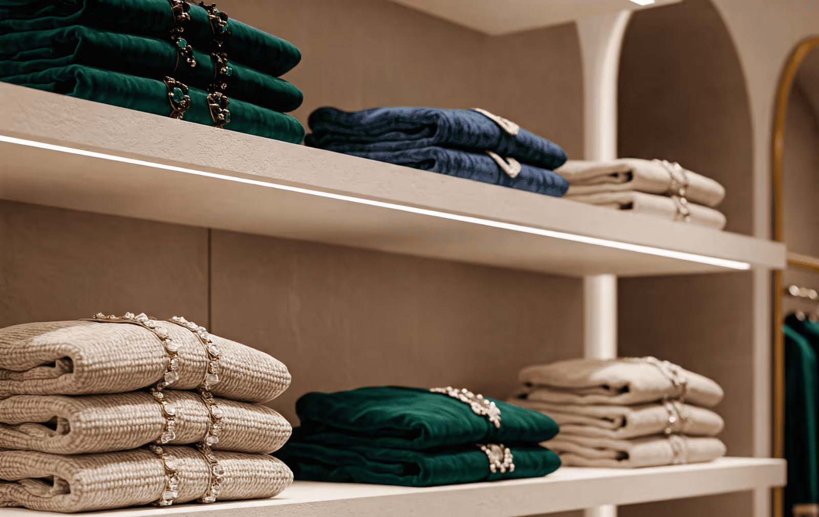 Luxury Sweaters Folded on Boutique Store Shelf