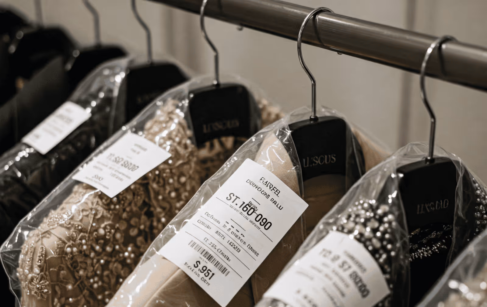 Clothes on a Rail with Price Tags on Packaging