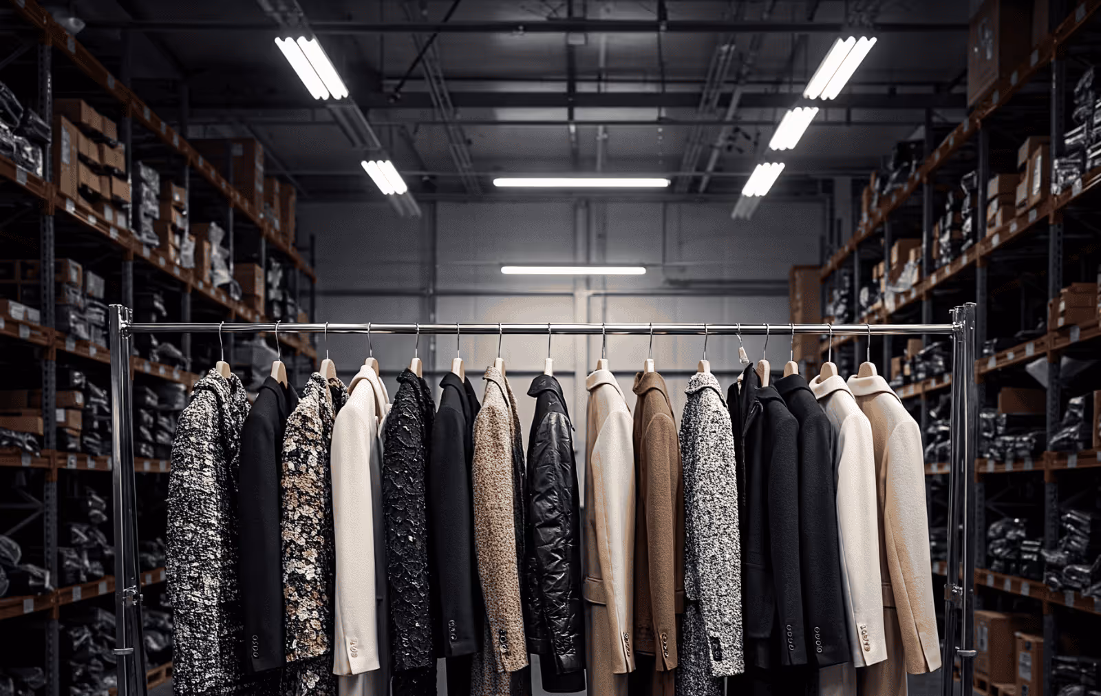 Luxury Garments on Rail in Warehouse