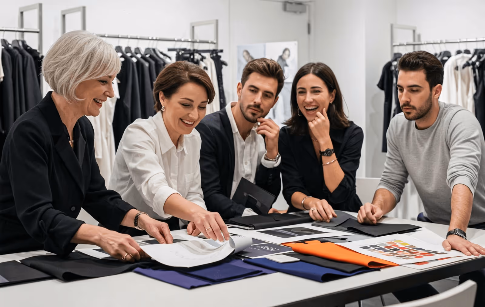 Retail team sat around a table assessing swatches to buy for next season