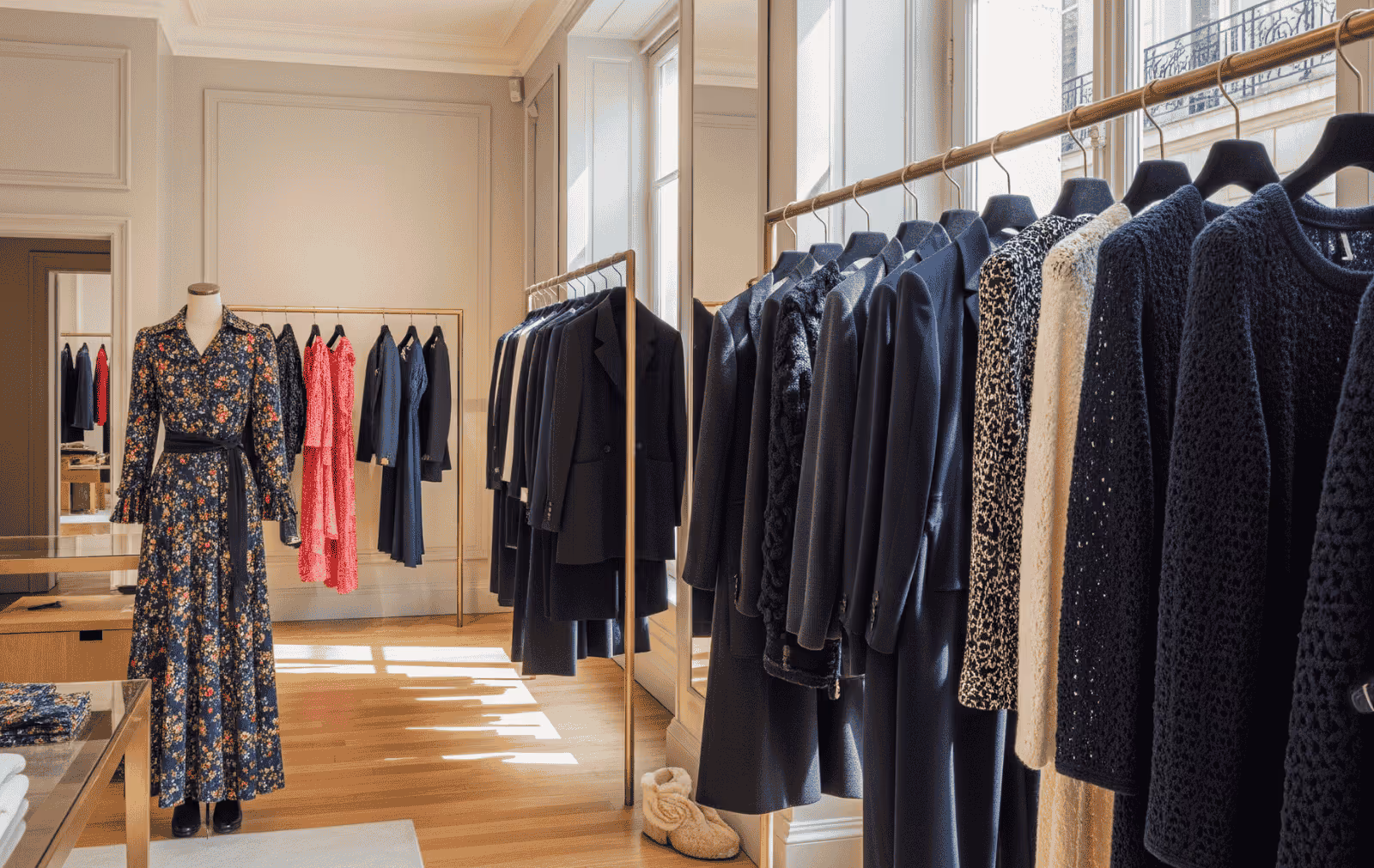 boutique store with Georgian windows, showcasing smart casual wear on rails and 
