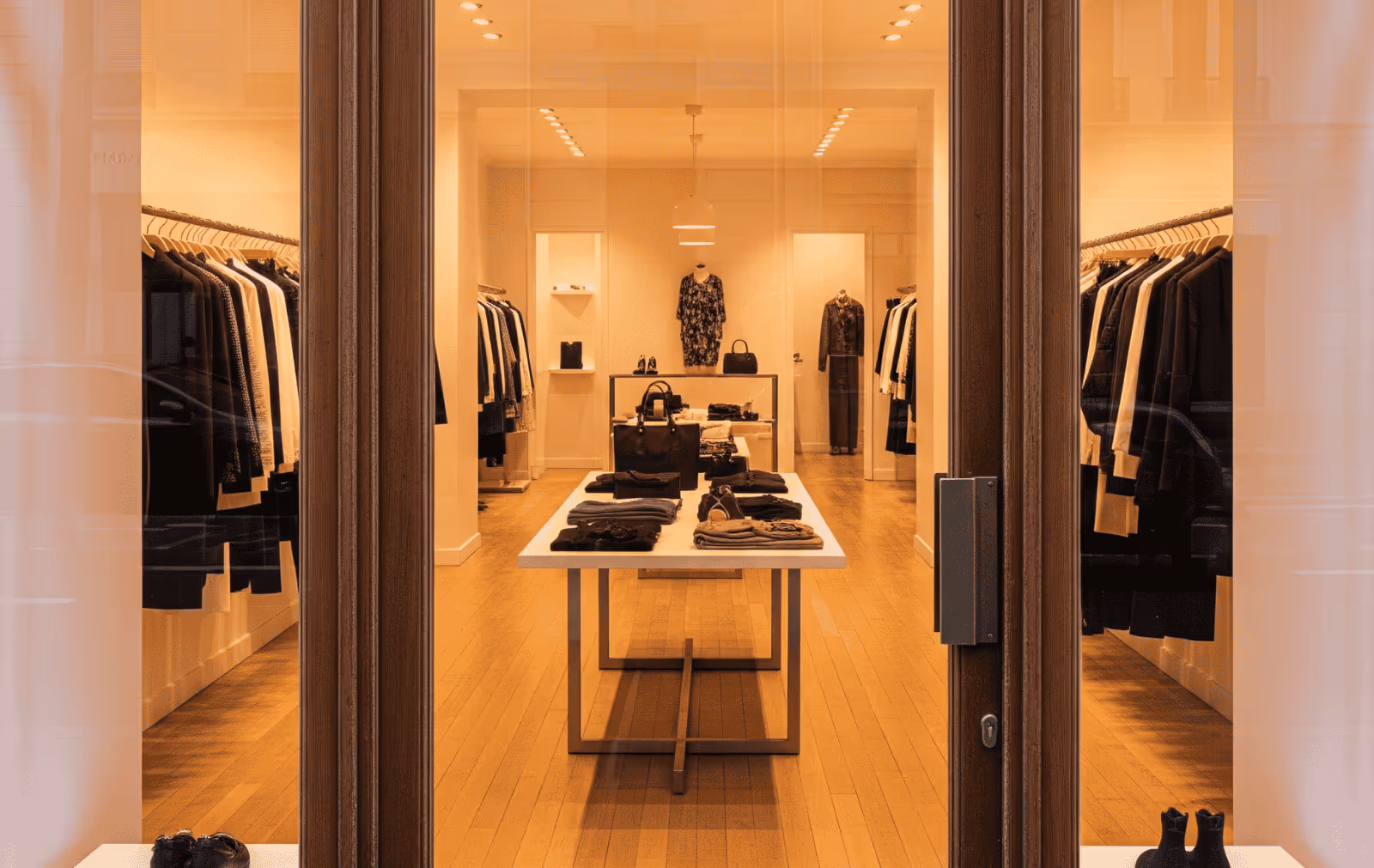 View inside a Paris fashion retail store from the door window, showcasing fashion garments in a neutral palette.