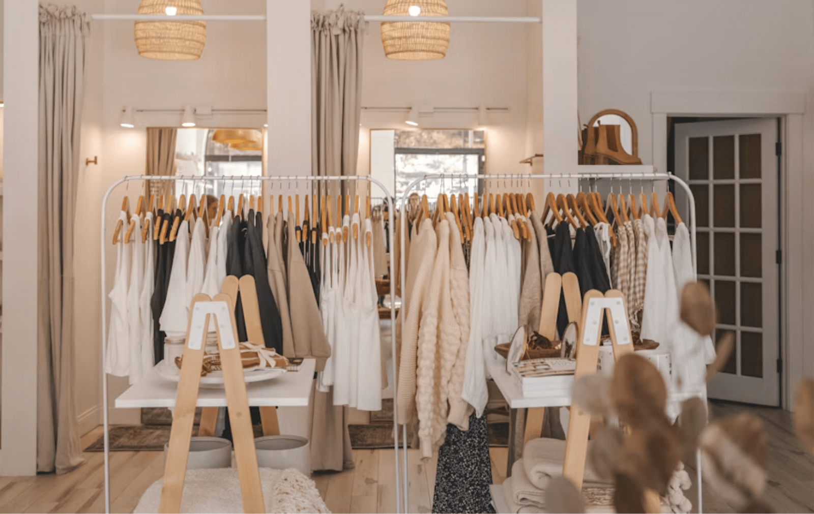 Curated assortment of neutral tone garments on white wooden rails, inside of a small boutique