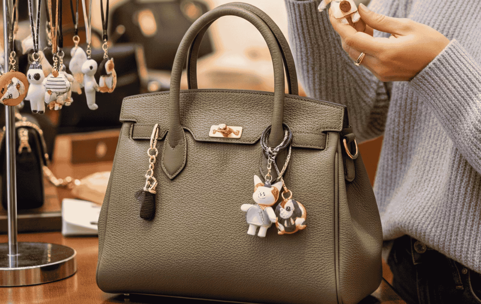 Green leather bag with animal bag charms