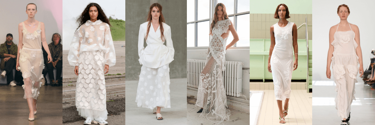 Copenhagen Fashion Week Spring 2026: Models wearing wearing white clothes with floral embroidery and  designs at Copenhagen fashion week spring'26.
