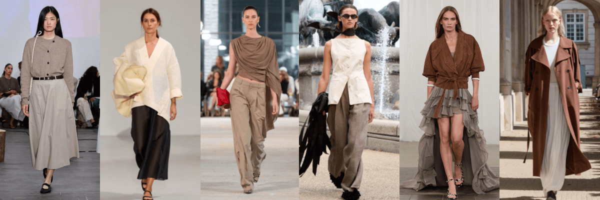 Copenhagen Fashion Week Spring 2026: Models wearing warm creams with rich browns and monochromatic neutral toned looks that reflects vintage and modern aesthetics at Copenhagen fashion week spring'26