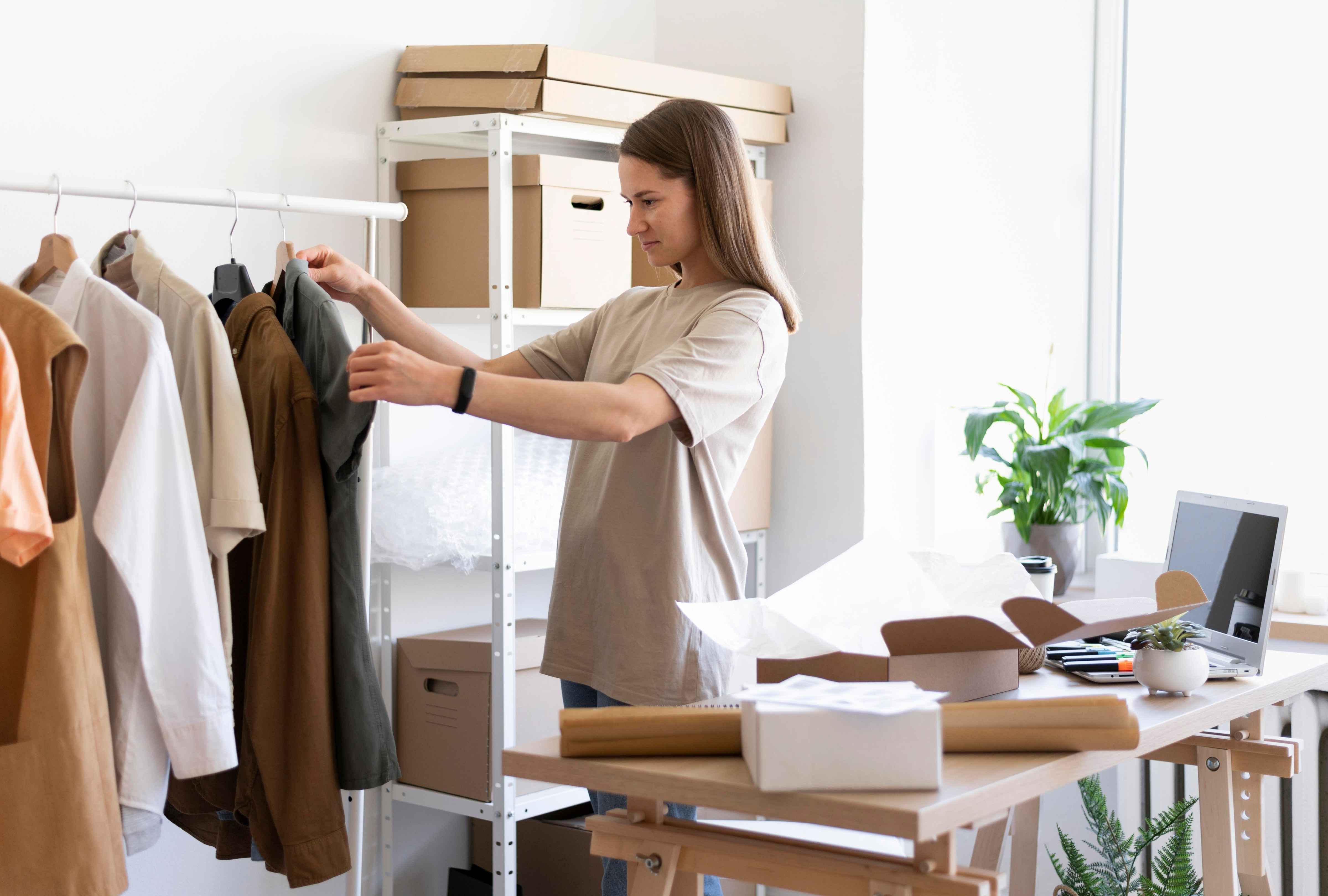 Women browsing clothes on rails in an office setup, surrounded by boxes and packaging materials used for managing online retail orders.