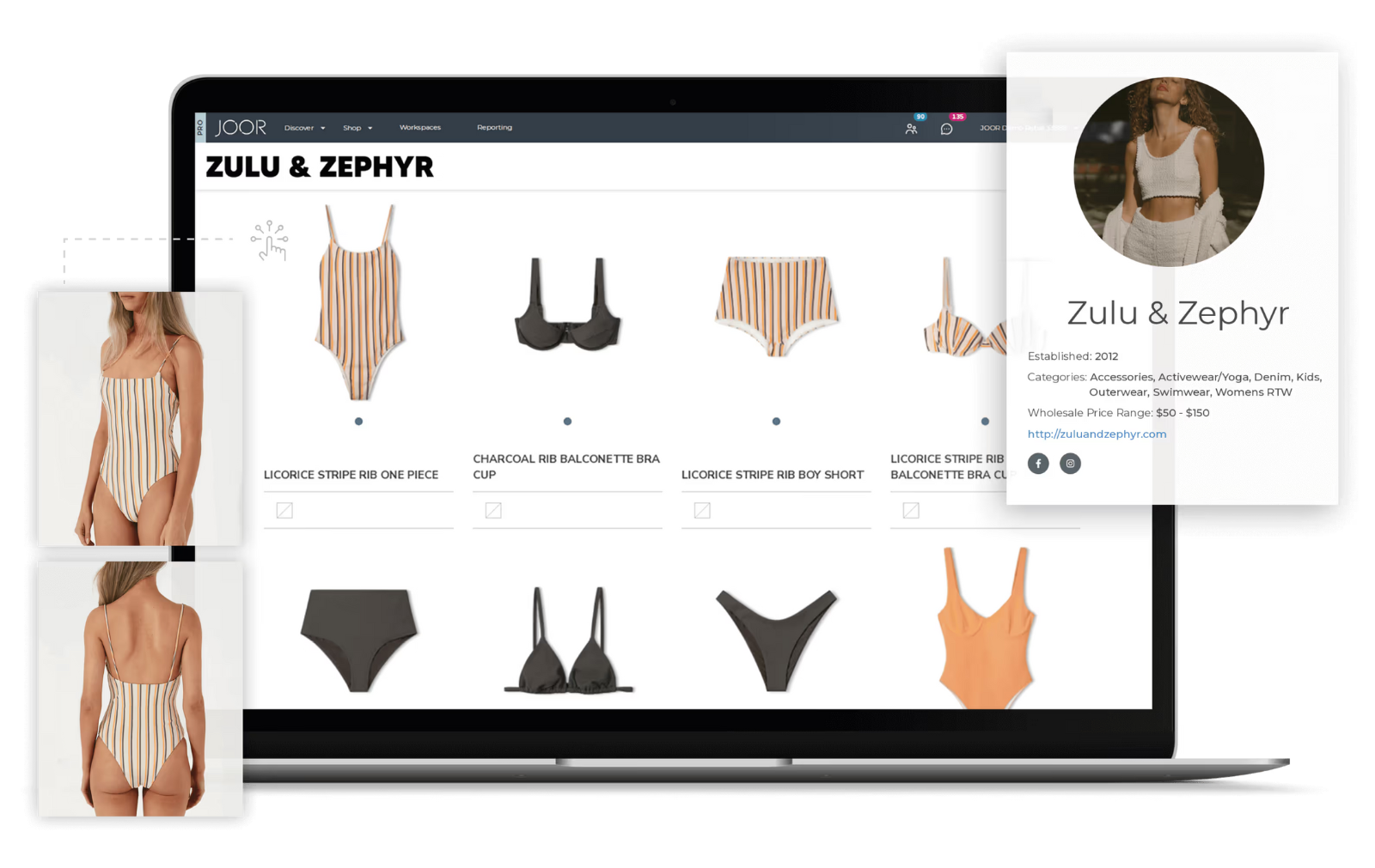 Laptop screen with Zulu & Zephr digital linesheet showcasing products, with overlay images of products from the collection