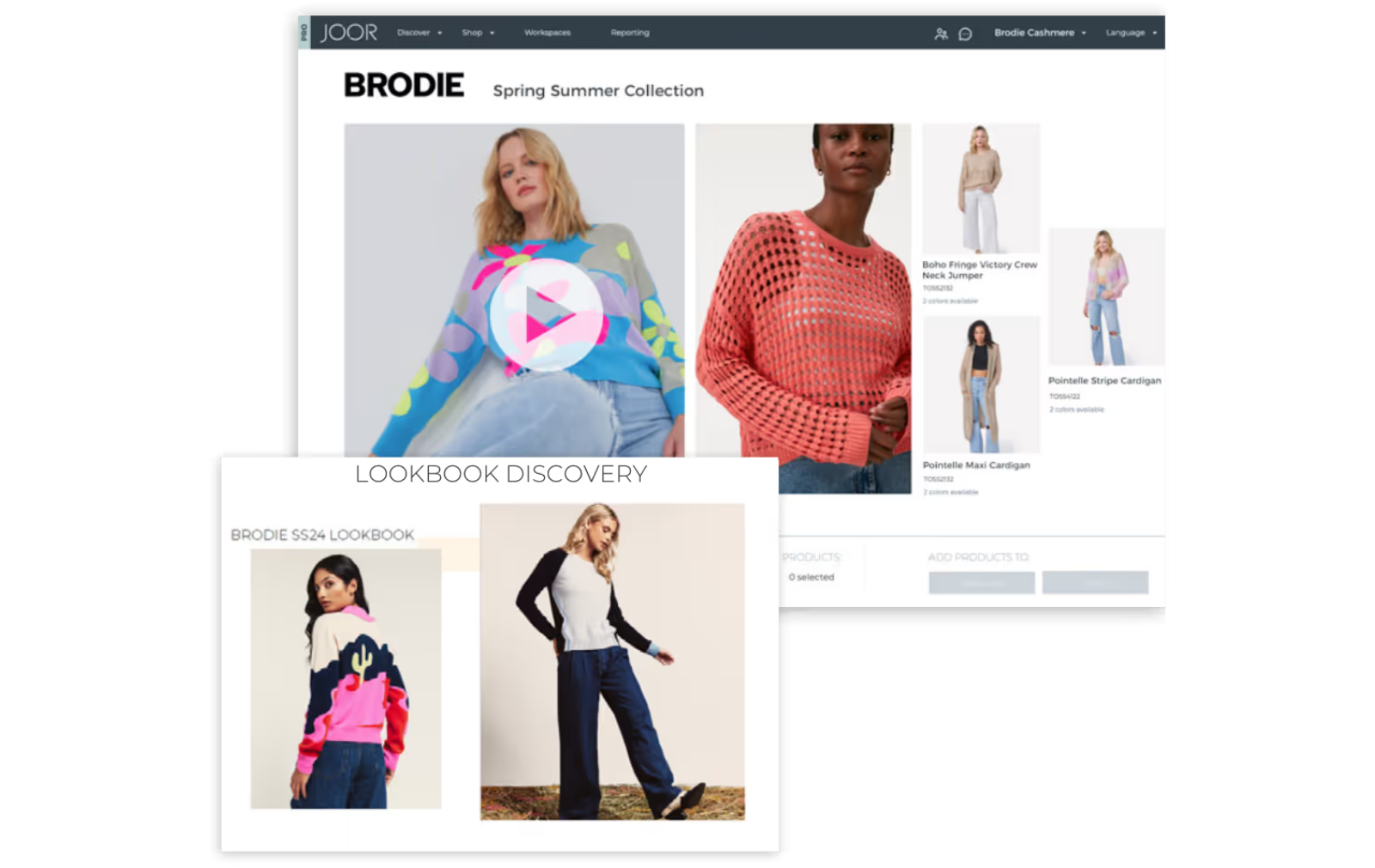 Screenshot of Brodie Cashmere's JOOR brand profile displaying editorial images, with an overlay images of pieces from the collection