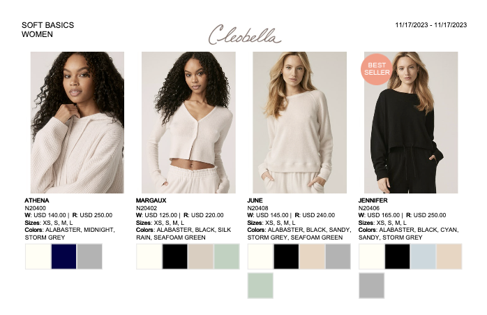 Example of a pdf linesheet, with 4 products and respective product information below