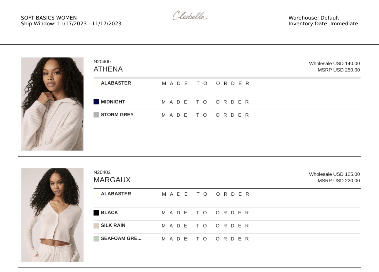 PDF linesheet example with products stacked vertically, detailing the wholesale and MSRP price and colourways