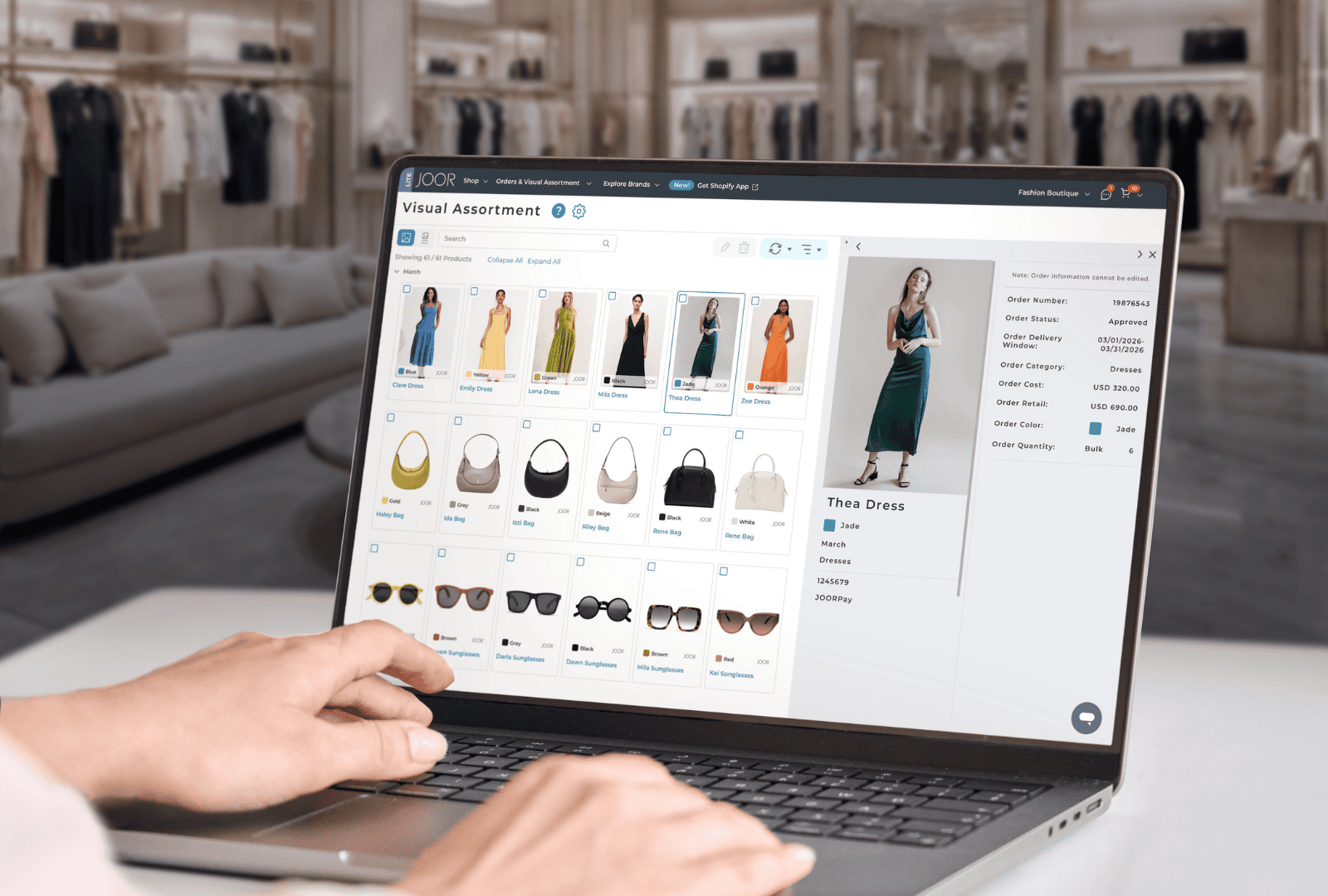 Visual assortment tool on laptop screen showcasing wholesale products
