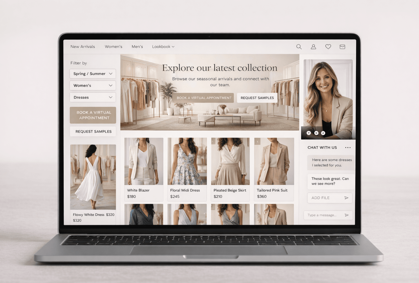 A b2b fashion platform showcasing a virtual showroom display on a laptop