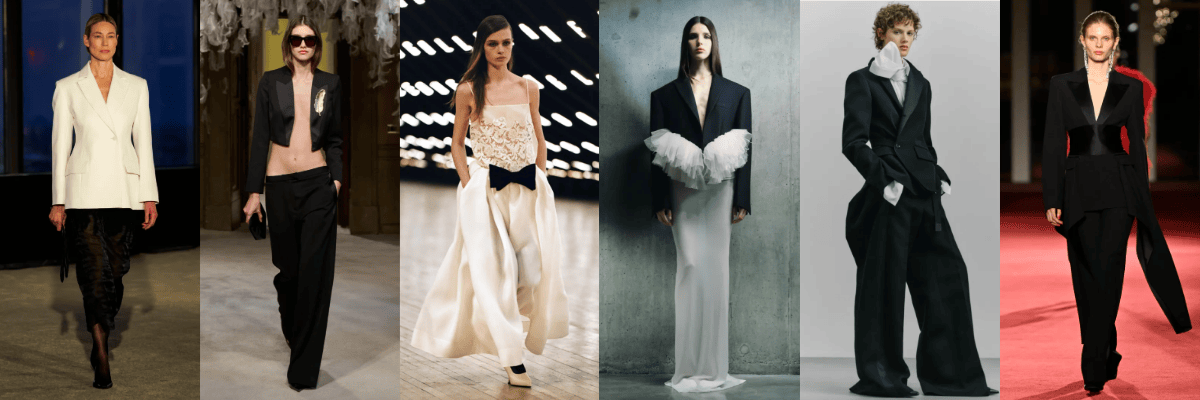 An assortment of 5 runway images from women's Fall 2026 events showcasing styles inspired by tuxedos