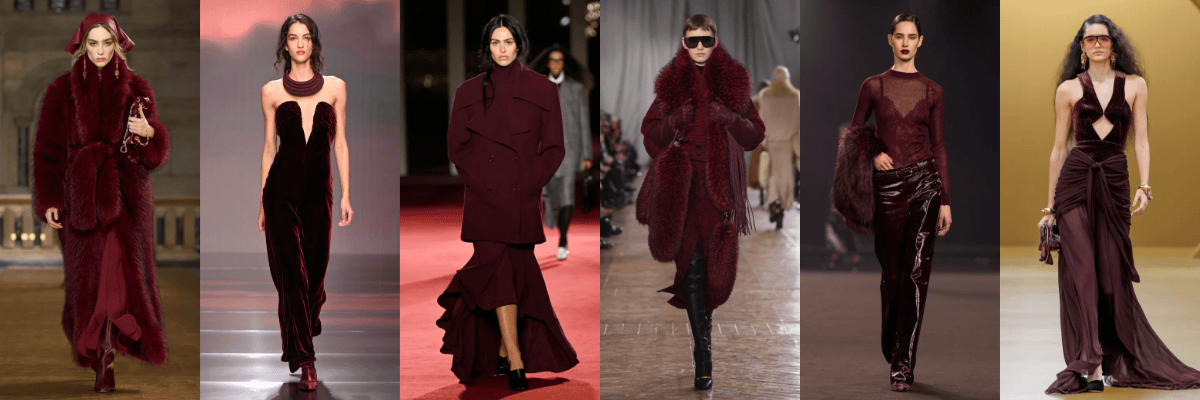 An assortment of 5 runway images from women's Fall 2026 events showcasing styles with a maroon theme