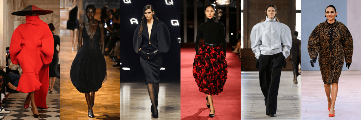 An assortment of 5 runway images from women's Fall 2026 events showcasing styles inspired the 80's Cacoon sleeves and bubble like shapes