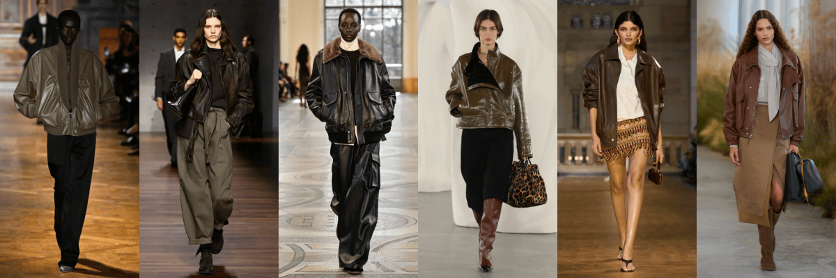 An assortment of 5 runway images from women's Fall 2026 events showcasing leather bomber jackets