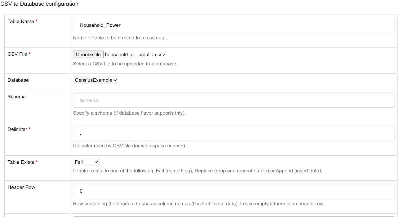 The various options that Apache Superset offers while uploading a CSV file. Source: Censius AI