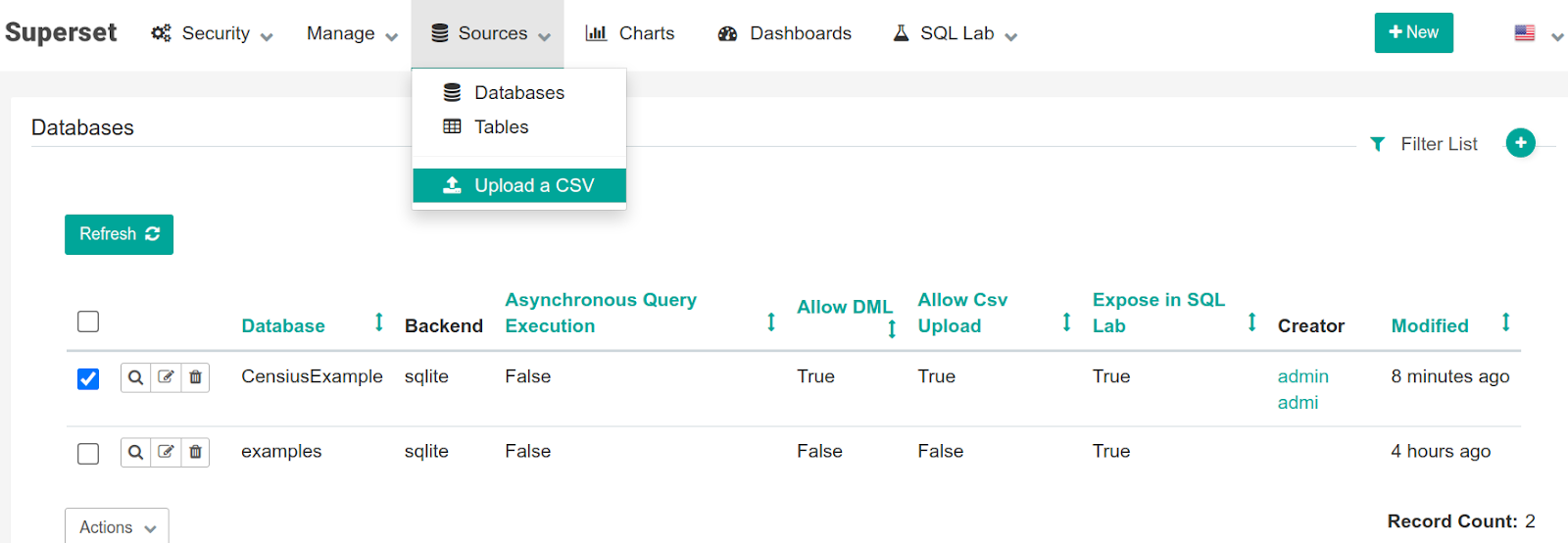 Uploading a CSV file to Apache Superset. Source: Censius AI