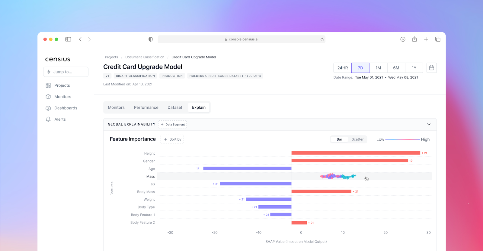 An image of the Censius AI observability Platform showing the importance of every feature used in the ML model's decision making