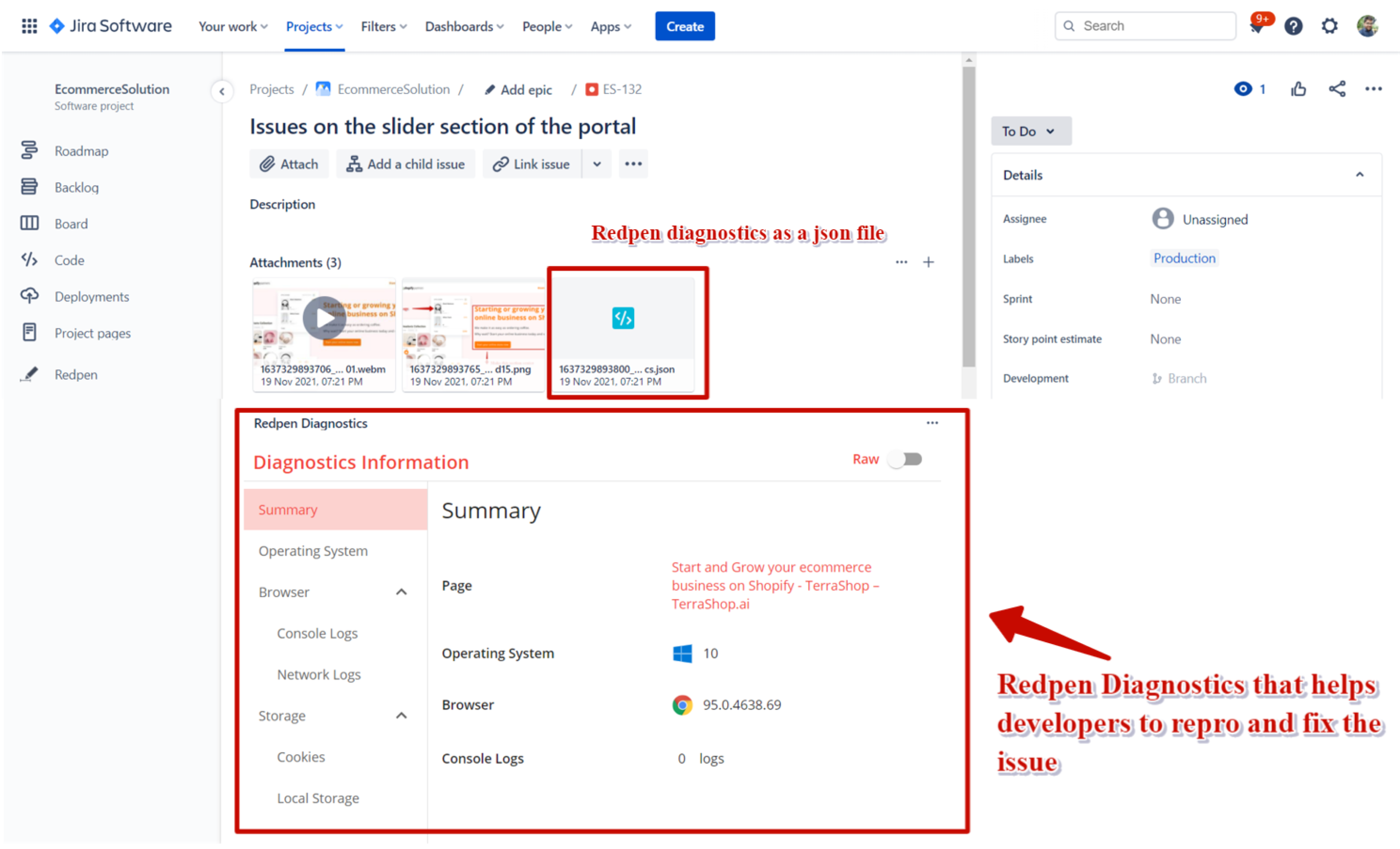 Jira page showing the Redpen-created issue.