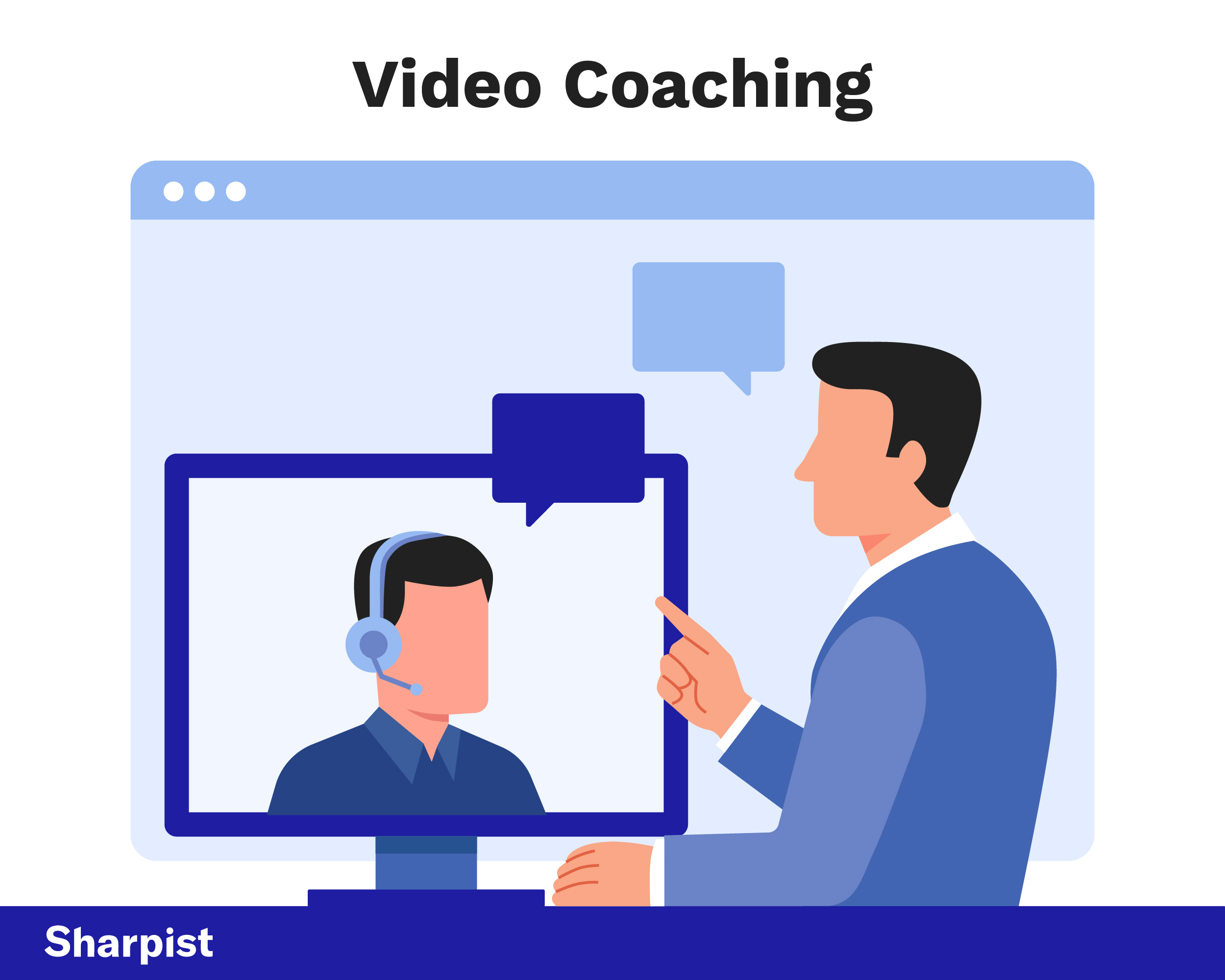 Illustration von zwei Personen beim digitalen Coaching per Video - Coach und Coachee kommunizieren online per Videoanruf.