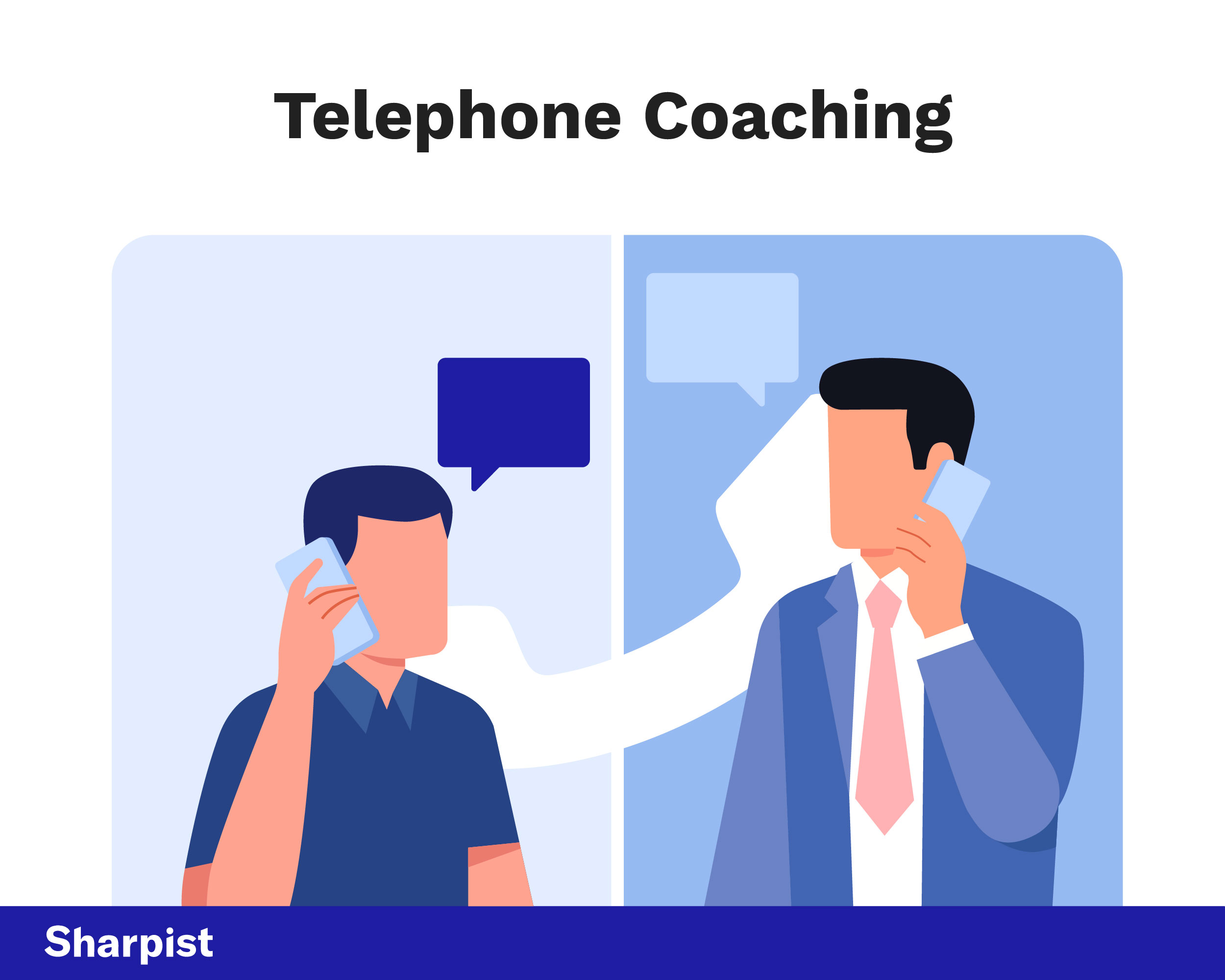 Illustration shows digital coaching via telephone – coach and coachee in conversation with speech bubbles as a symbol for communication.