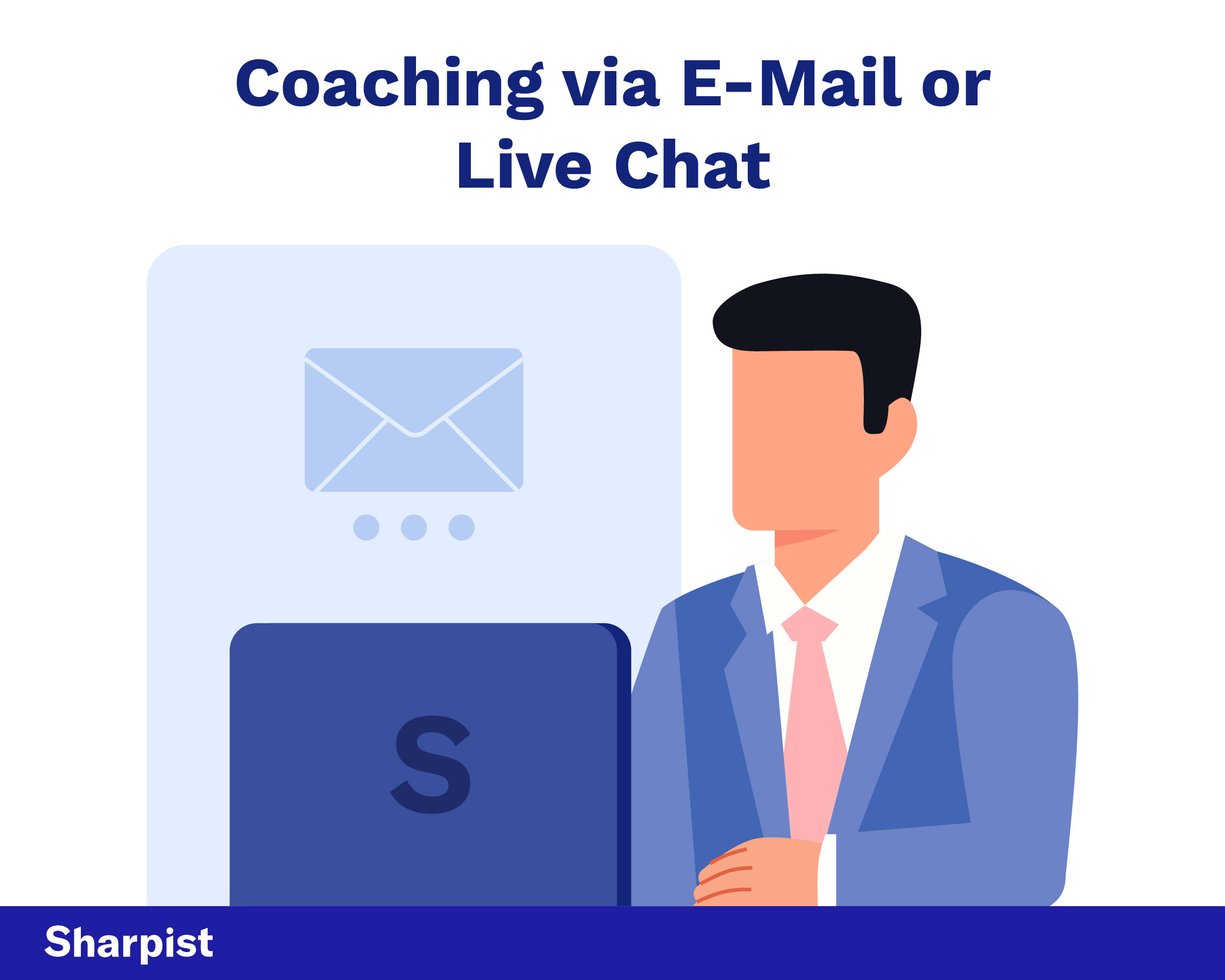 Illustration shows digital coaching via email or live chat – coach provides support online through digital communication.