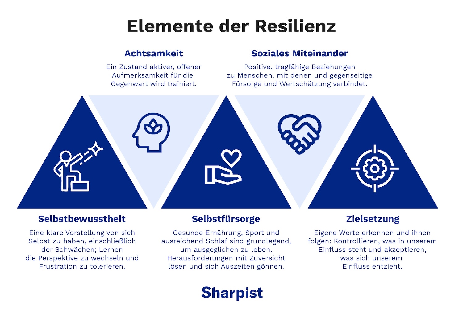 Infografik zu zentralen Kompetenzen im Resilienz Coaching: Achtsamkeit, Selbstbewusstsein, Selbstfürsorge, soziales Miteinander und Zielsetzung – dargestellt durch Symbole.