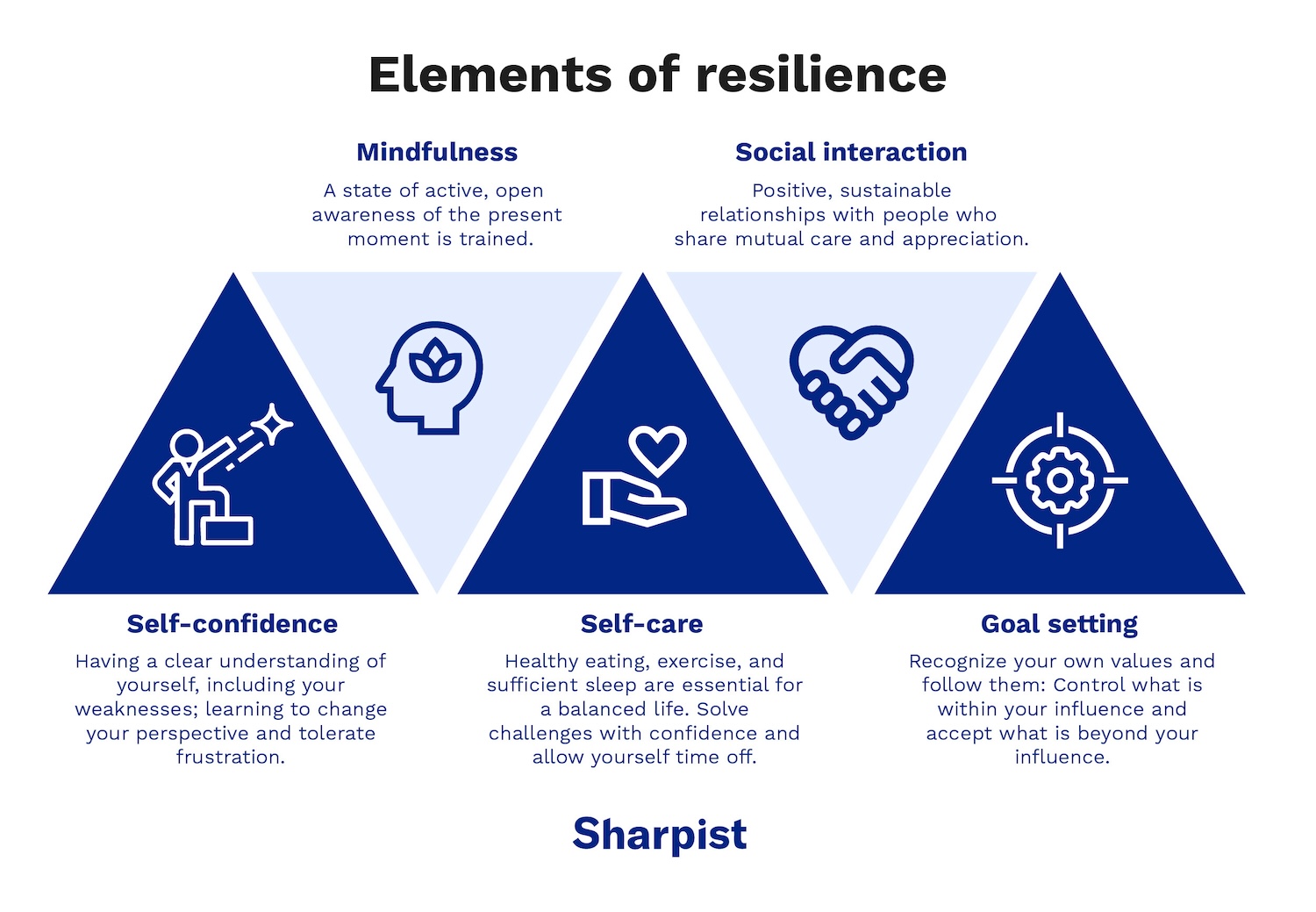 Infographic showing key competencies in resilience coaching: mindfulness, self-awareness, self-care, social connection, and goal setting represented by icons.