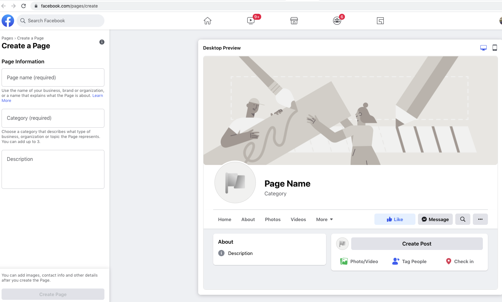 Facebook dashboard on how to Create a business Page