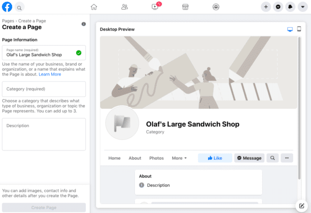 Facebook dashboard on how to Create a business PagePage