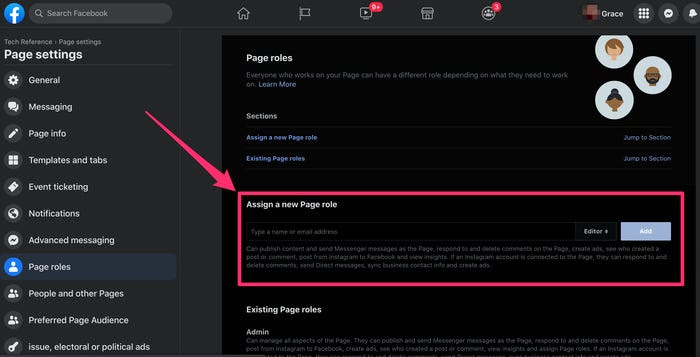 Screenshot of "add page roles" screen on Facebook website