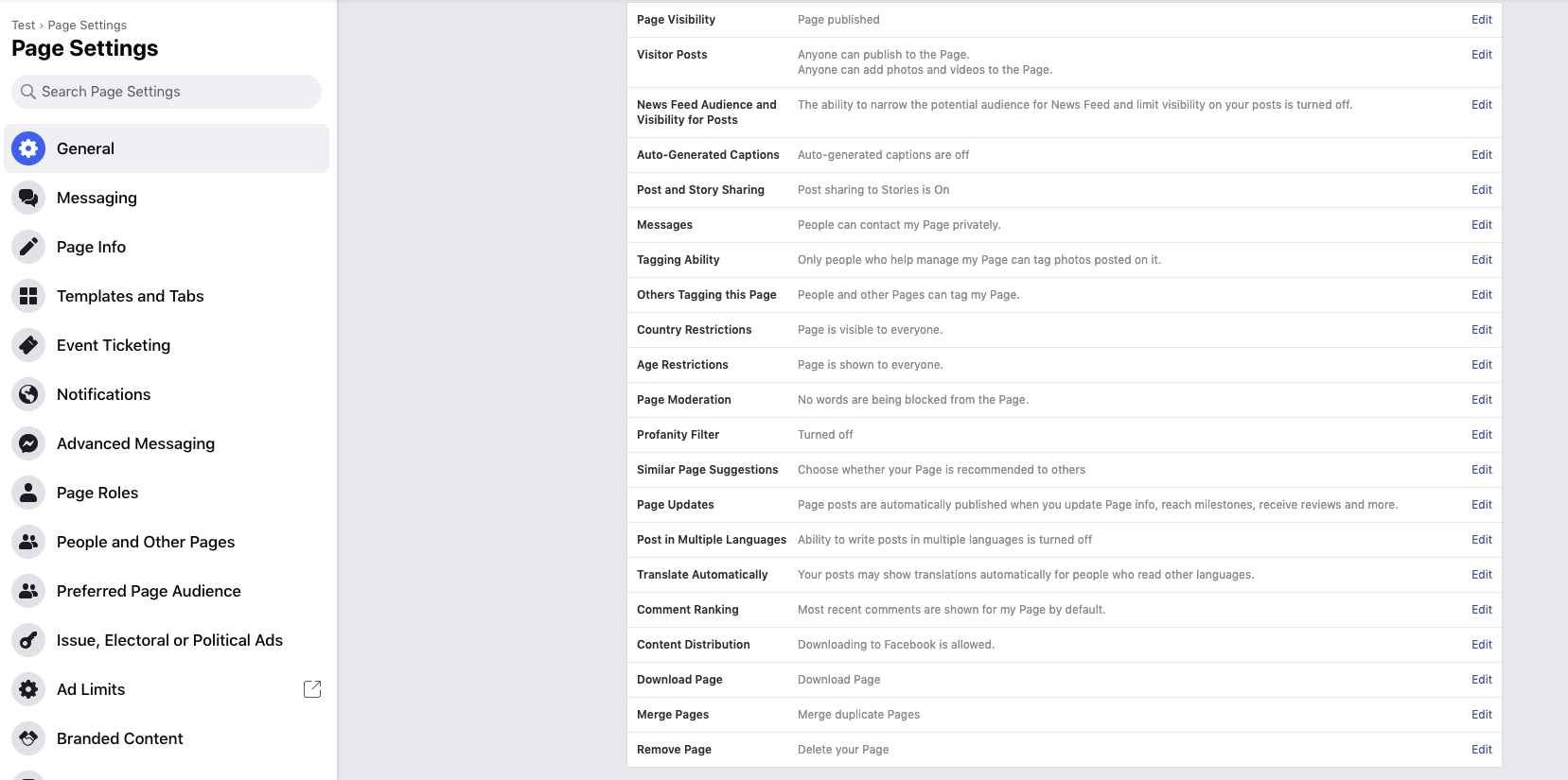 the Facebook Manage Page view,