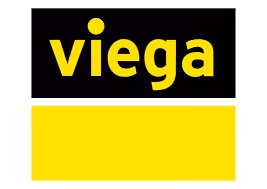 Viega Firmenlogo in gelber Schrift auf schwarzem Hintergrund mit gelbem Rechteck darunter.