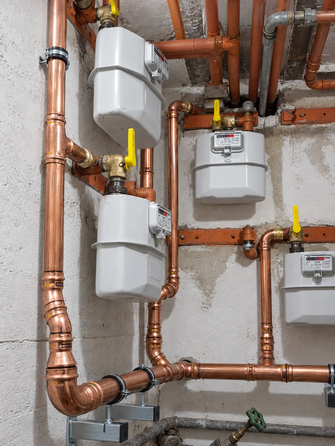 Gasinstallation aus Kupfer mit mehreren Gaszählern